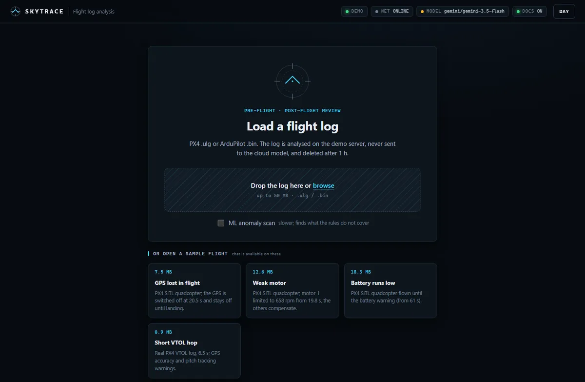 SkyTrace upload page: drop a PX4 .ulg or ArduPilot .bin log, or open one of four sample flights (GPS loss, weak motor, low battery, short VTOL hop).