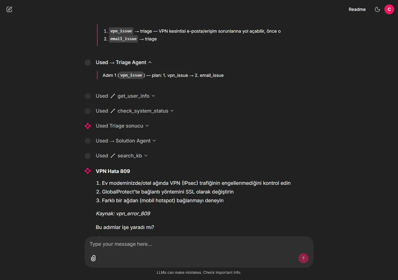 Assistant chat in Turkish: the supervisor splits a request into a VPN and an e-mail issue, the Triage and Solution agents call their tools, and the answer lists fix steps with the knowledge-base source.