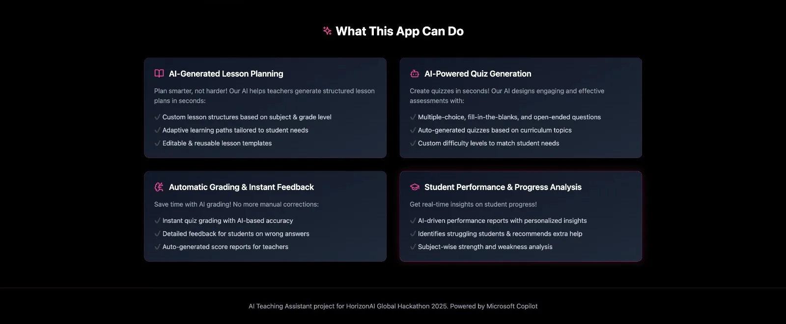 EduLift's feature overview: AI-generated lesson planning, AI-powered quiz generation, automatic grading with instant feedback, and learner performance analysis.