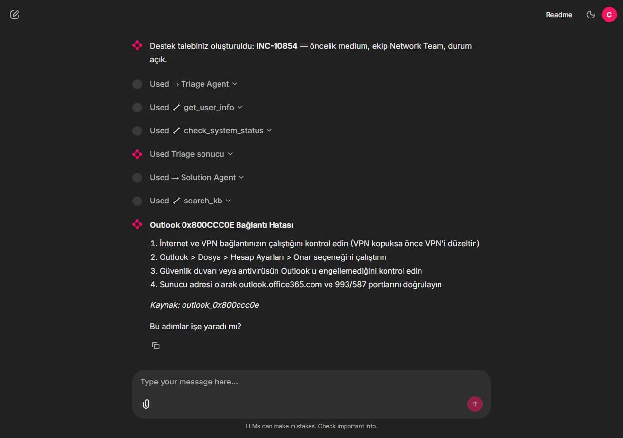 After approval the ticket is opened (INC-10854, medium priority, Network Team) and the assistant moves on to the user's second issue, an Outlook 0x800CCC0E error.